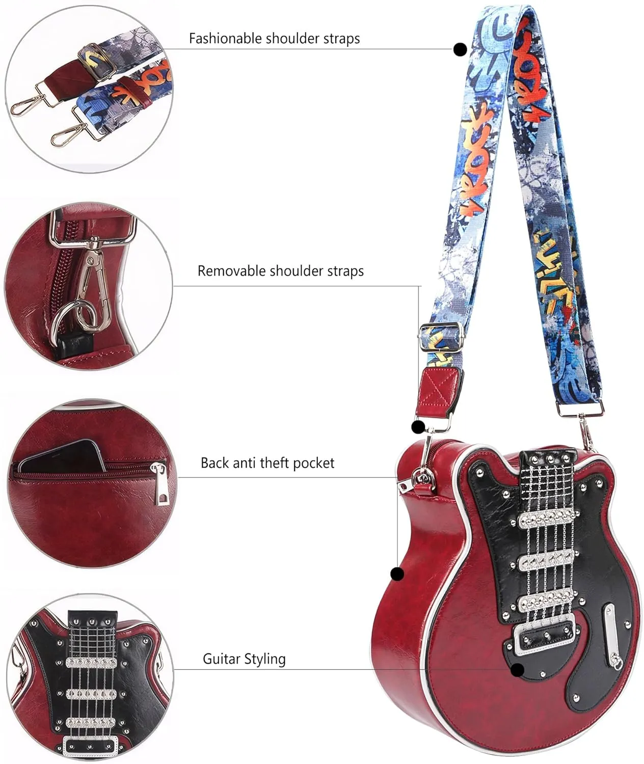 Trendy Guitar Shaped Medium Vegan Leather Crossbody Bag Purse