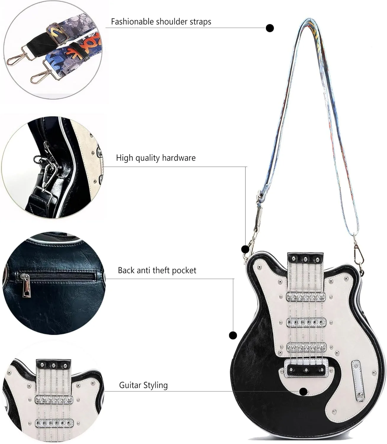 Trendy Guitar Shaped Medium Vegan Leather Crossbody Bag Purse