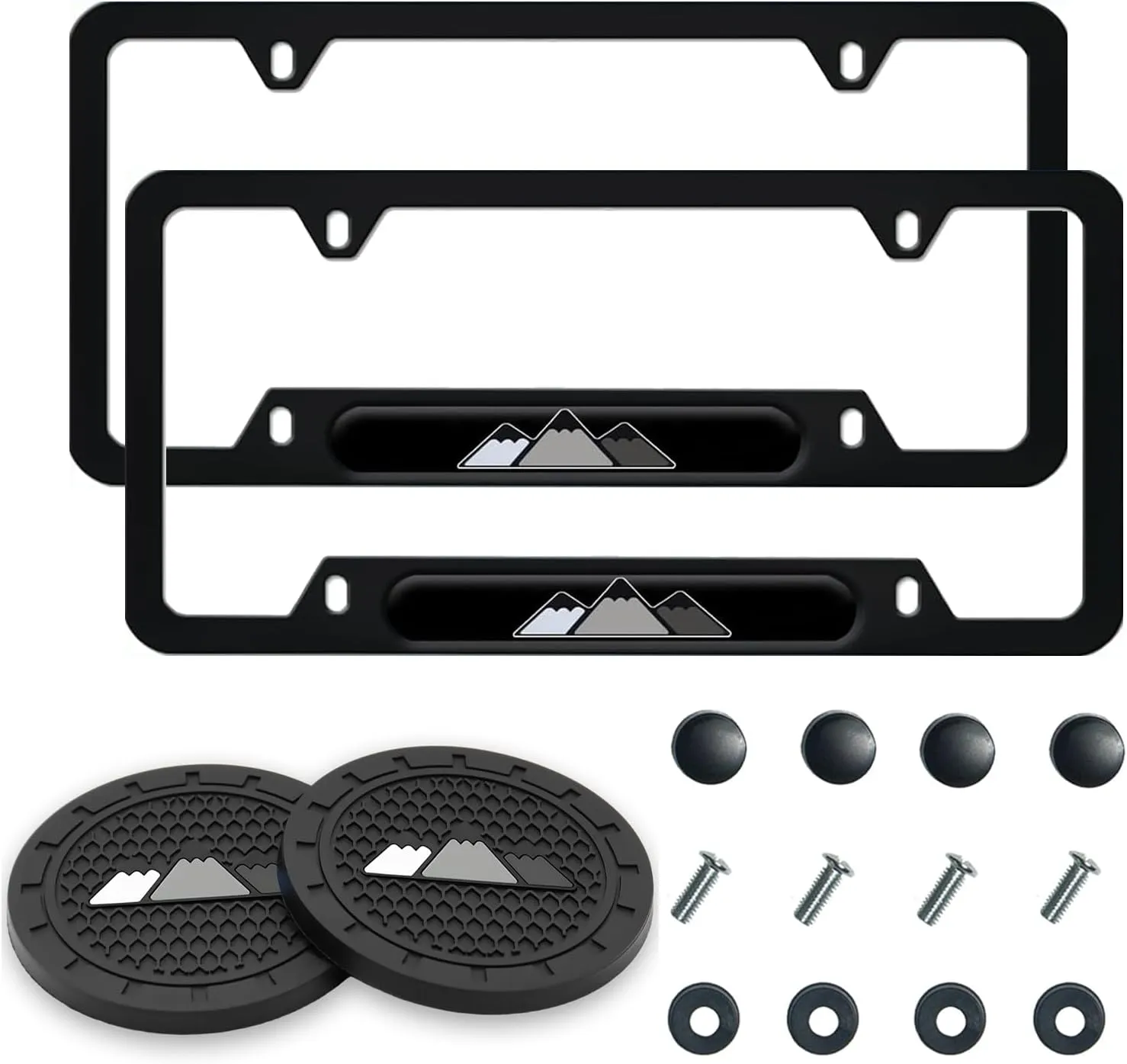 Tri-Color Black Grey White Stainless Steel License Plate Frames Holder with Screw Caps with Silicone Cup Holder, Rust-Proof, Weather-Proof Holder Compatible with Toyota TRD Accessories