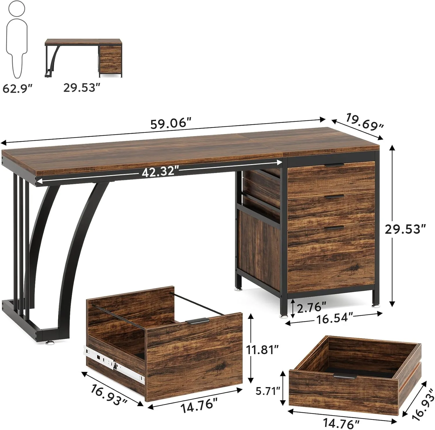 Tribesigns Computer Desk with 3 Drawers, 59-Inch PC Desk with Reversible Drawers, Industrial Study Writing Table Workstation with File Storage for Home Office, Rustic Brown
