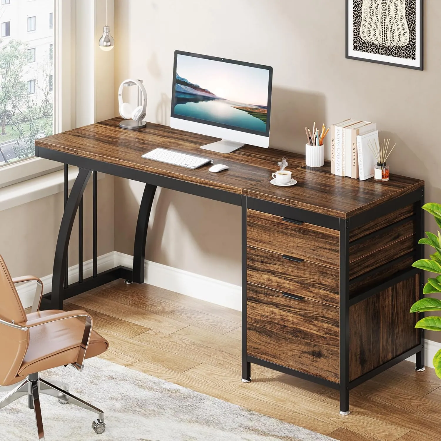 Tribesigns Computer Desk with 3 Drawers, 59-Inch PC Desk with Reversible Drawers, Industrial Study Writing Table Workstation with File Storage for Home Office, Rustic Brown