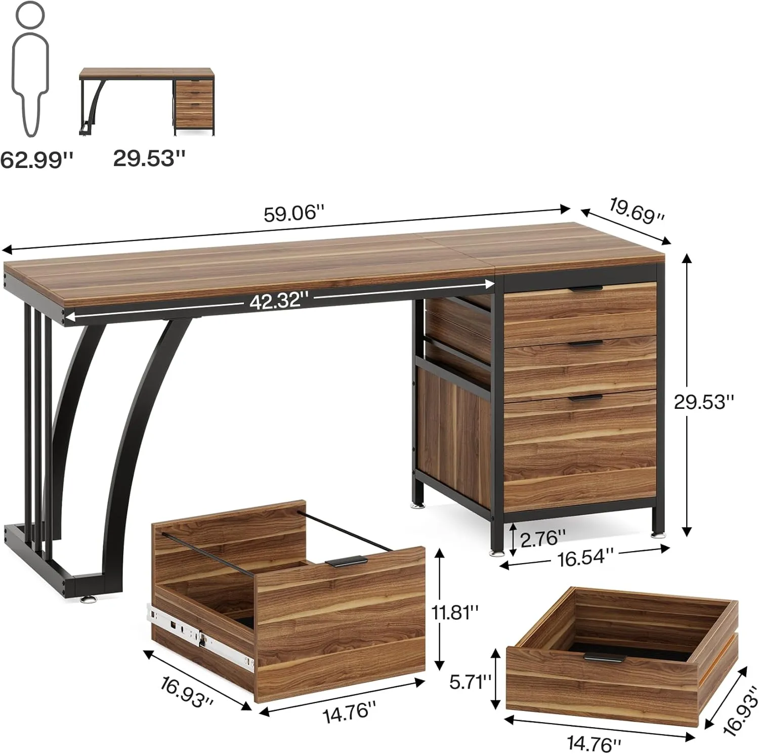Tribesigns Computer Desk with 3 Drawers, 59-Inch PC Desk with Reversible Drawers, Industrial Study Writing Table Workstation with File Storage for Home Office, Walnut