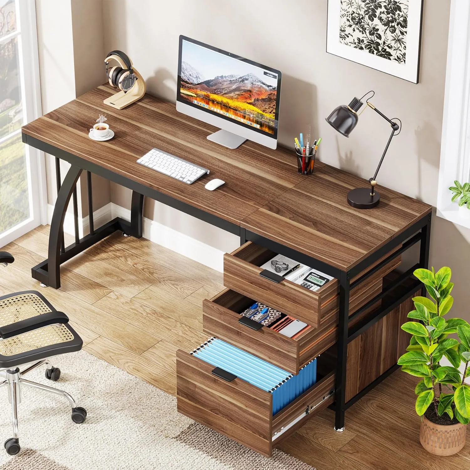 Tribesigns Computer Desk with 3 Drawers, 59-Inch PC Desk with Reversible Drawers, Industrial Study Writing Table Workstation with File Storage for Home Office, Walnut