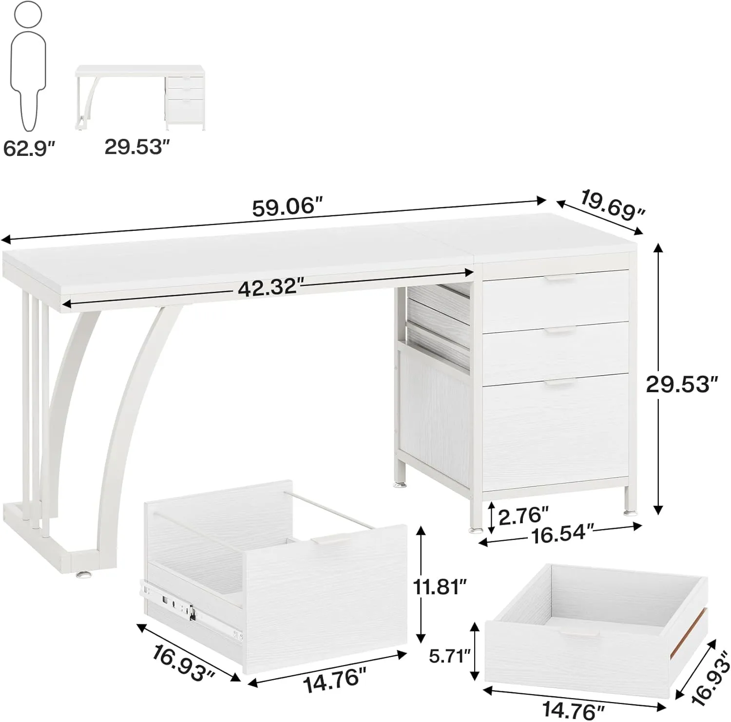 Tribesigns Computer Desk with 3 Drawers, 59-Inch PC Desk with Reversible Drawers, Industrial Study Writing Table Workstation with File Storage for Home Office, White