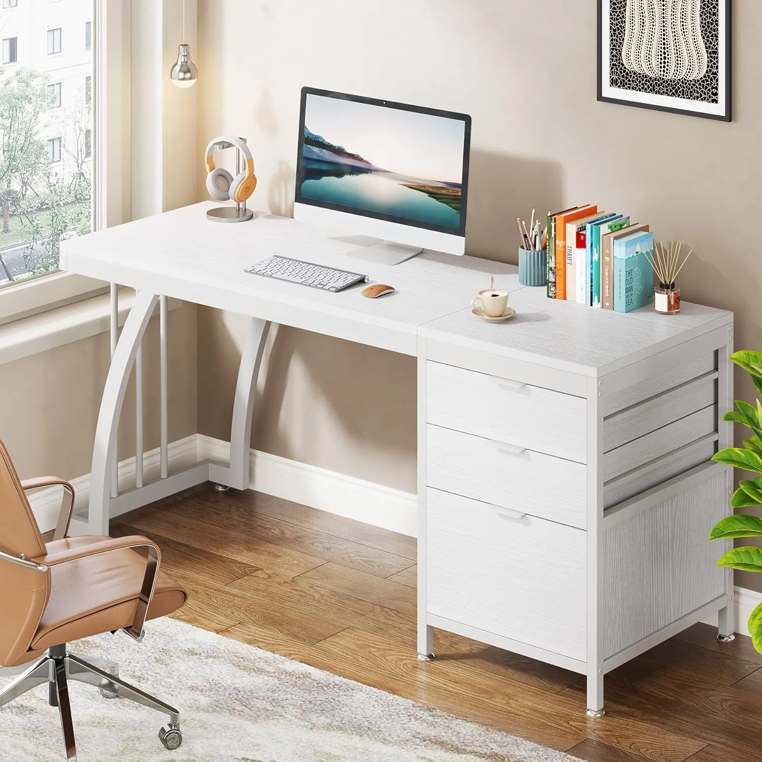 Tribesigns Computer Desk with 3 Drawers, 59-Inch PC Desk with Reversible Drawers, Industrial Study Writing Table Workstation with File Storage for Home Office, White