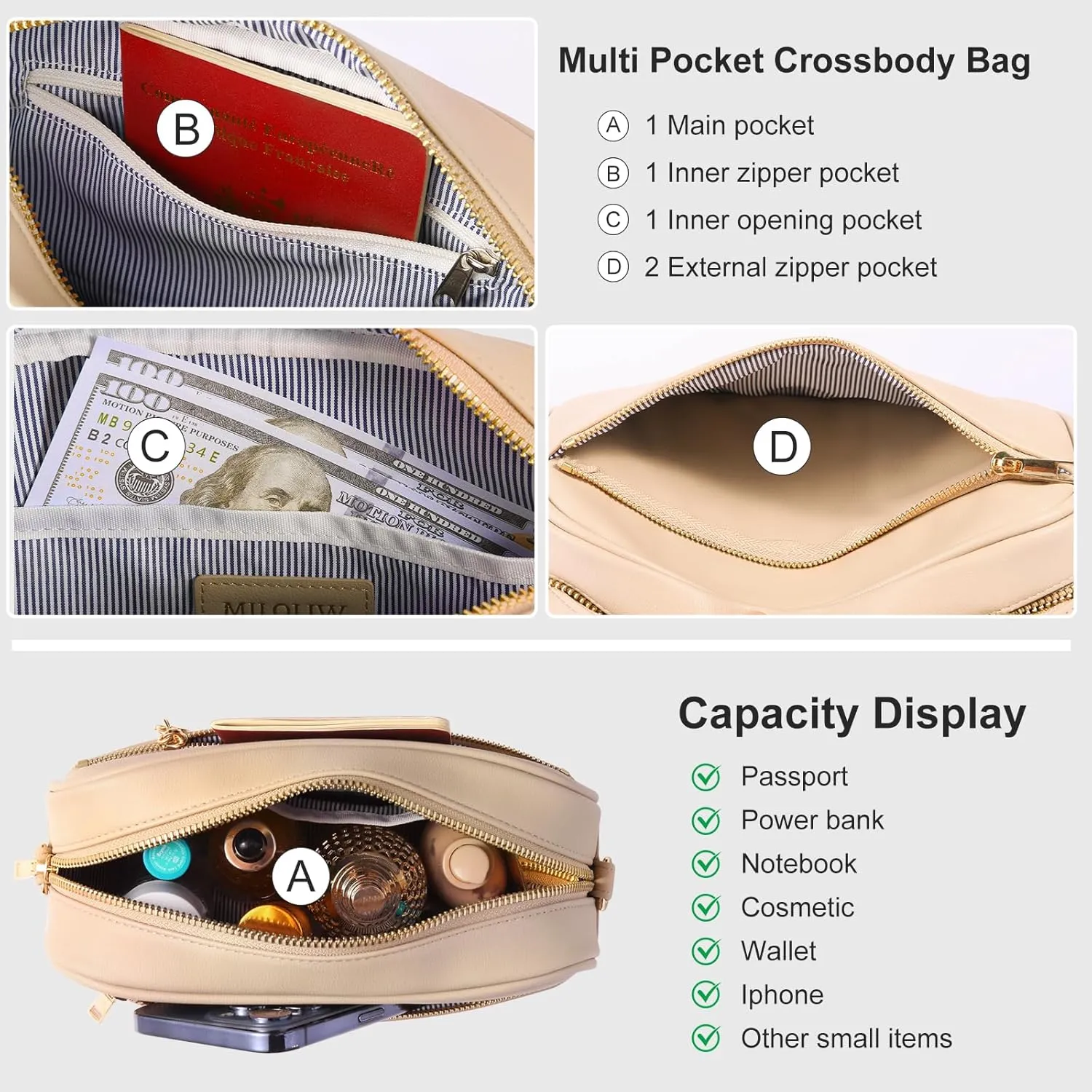 Triple Zip Small Crossbody Bag for women Pu Leather Purses Small Shoulder Handbag