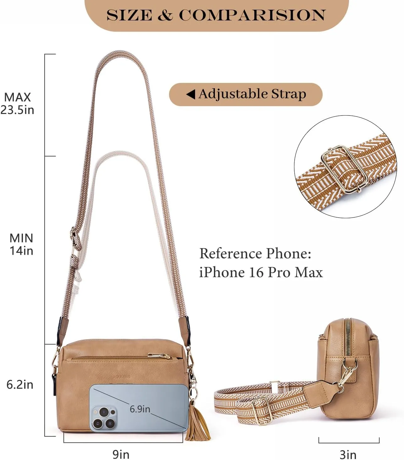 Triple Zip Small Crossbody Bag for women,Wide Strap Cell Phone Purse Shoulder Handbag Wallet with Credit Card Slots