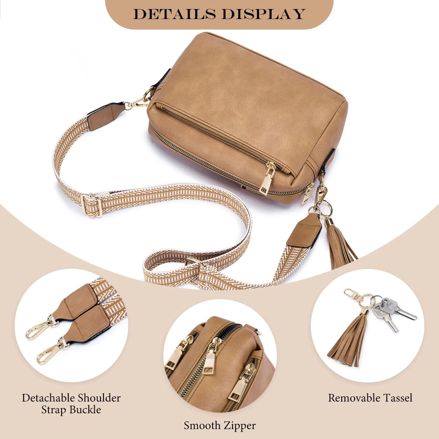 Triple Zip Small Crossbody Bag for women,Wide Strap Cell Phone Purse Shoulder Handbag Wallet with Credit Card Slots