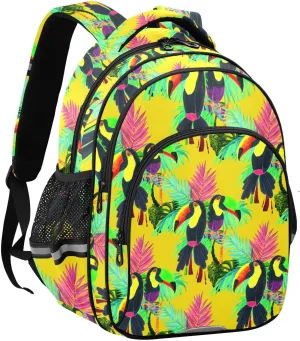 Tropical Birds Palms Kids Backpack with Reflective Strips Adjustable 16L Lightweight School Bag for Boys Girls