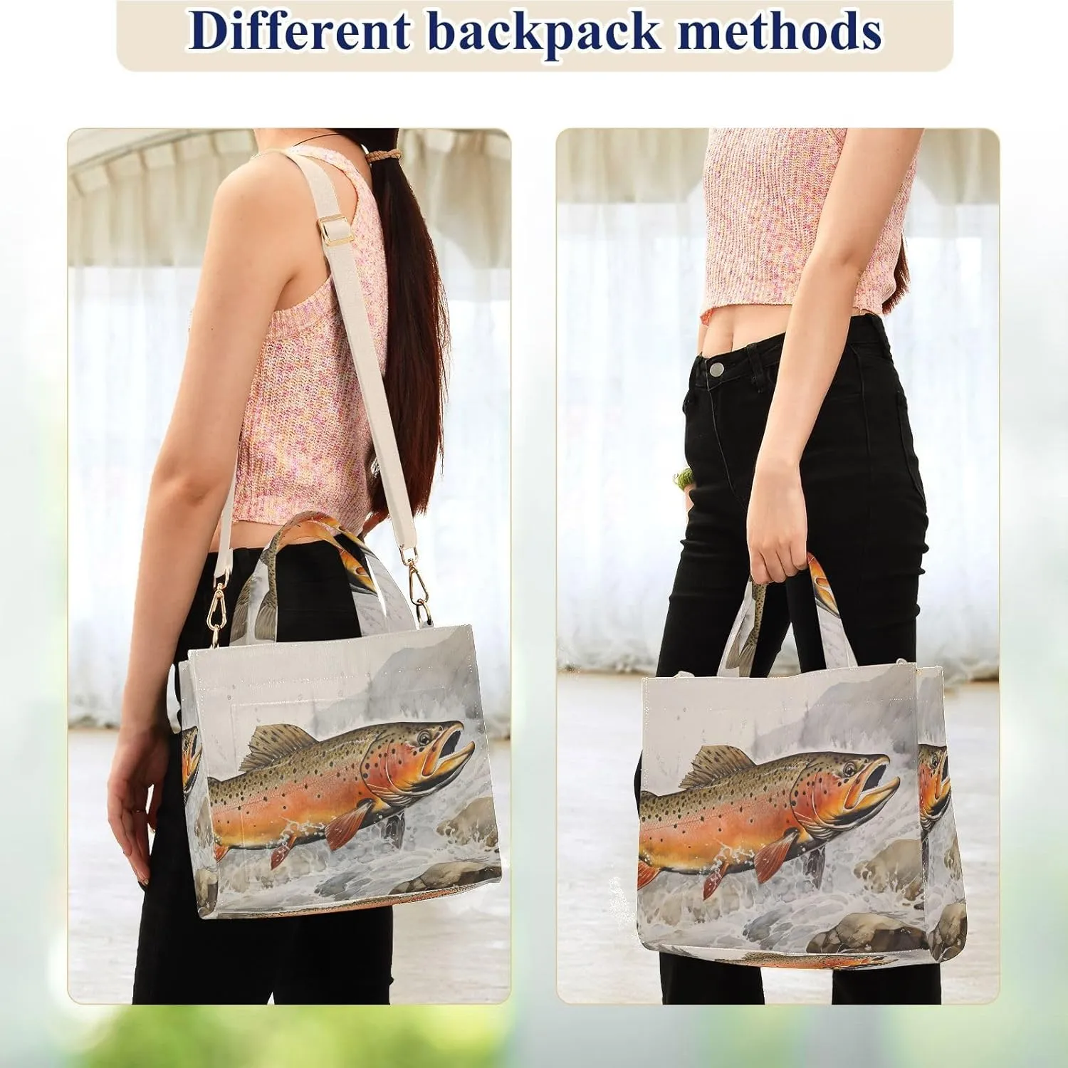 Trout Water Closeup Corduroy Tote Bag for Women Large Shoulder Bag with Pockets for Beach Work Travel Shopping S