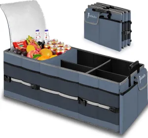 Trunk Organizer with Built-in Insulated Leak Proof Cooler Bag,Collapsible Cargo Organizer for SUV with Non Slip Bottom Strips,3 Large Compartments Foldable Waterproof Portable Car Storage Box XL