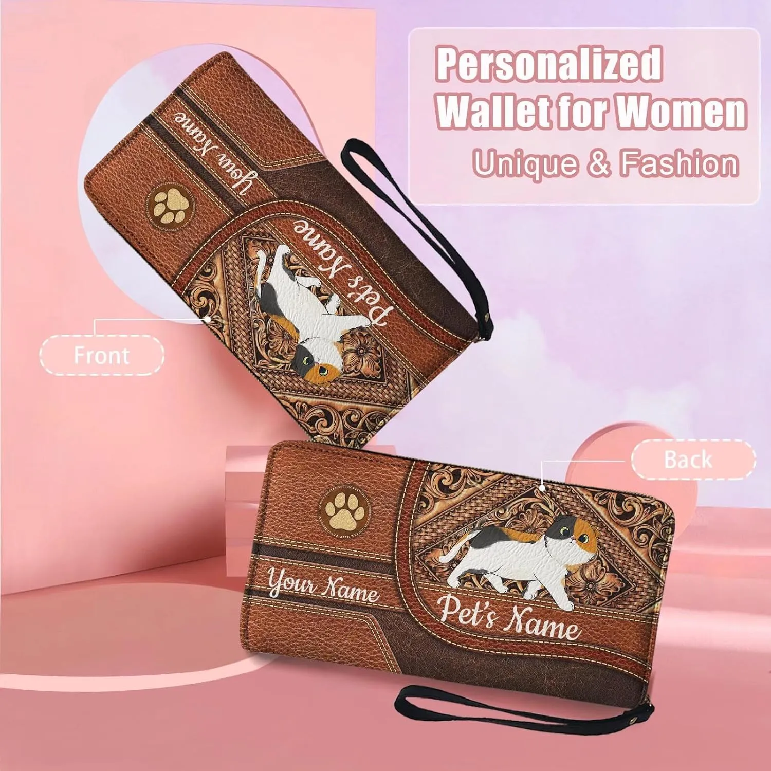 Tuoxiukan Custom Cat Wallets with Name Scottish Fold Cat Gifts Personalized Wristlet Wallets for Women Durable Waterproof Cash Envelope Wallet Long Purse