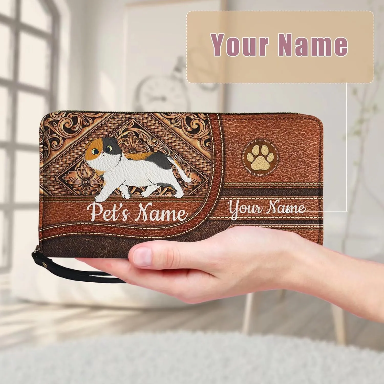 Tuoxiukan Custom Cat Wallets with Name Scottish Fold Cat Gifts Personalized Wristlet Wallets for Women Durable Waterproof Cash Envelope Wallet Long Purse