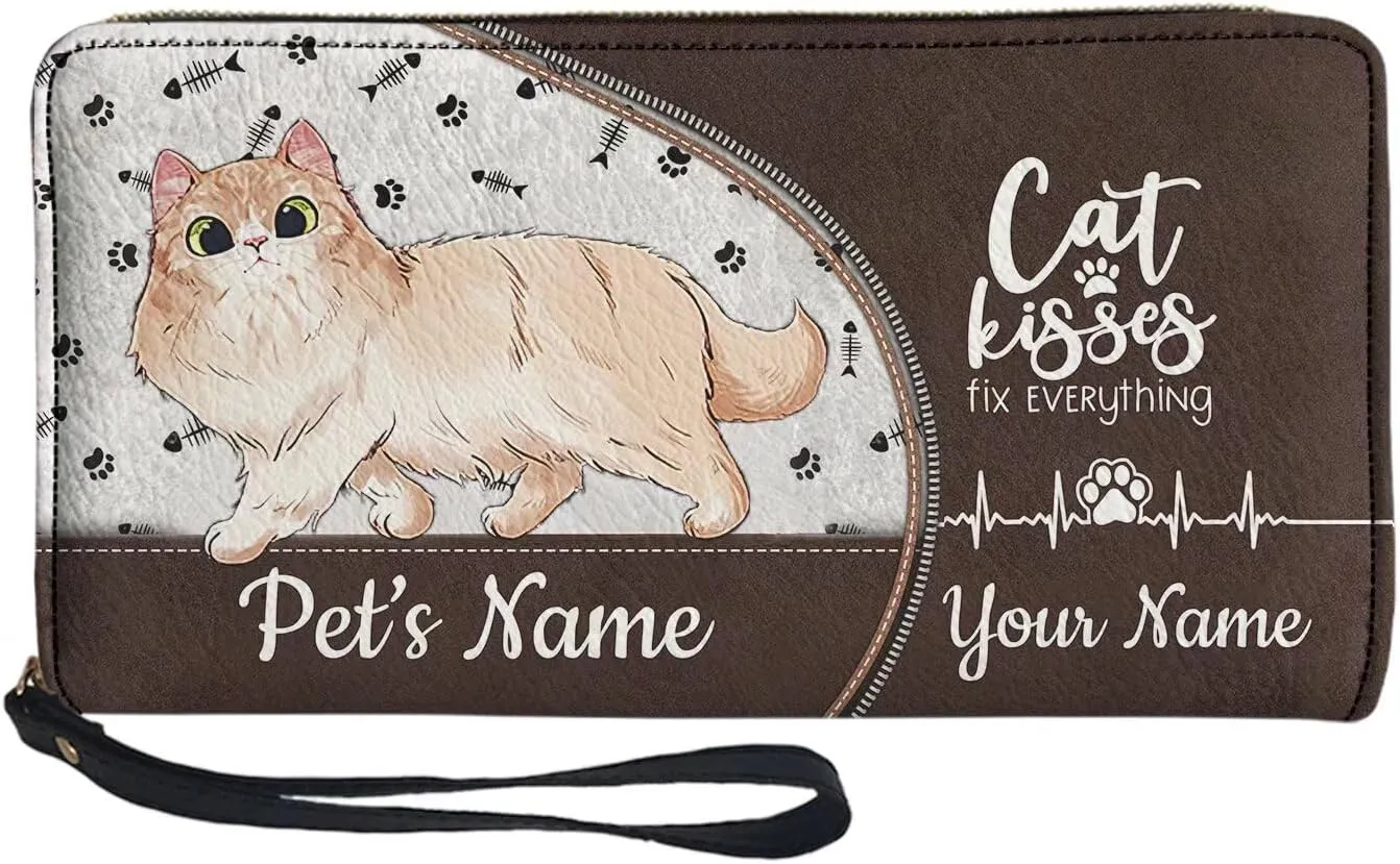 Tuoxiukan Custom Minimalist Wallet for Men Personalized Wristlet Wallets for Women Customizable Name Wallets Cash Organizer Pouch PU Leather Phone Case, Customized Gifts for Cat-Lover