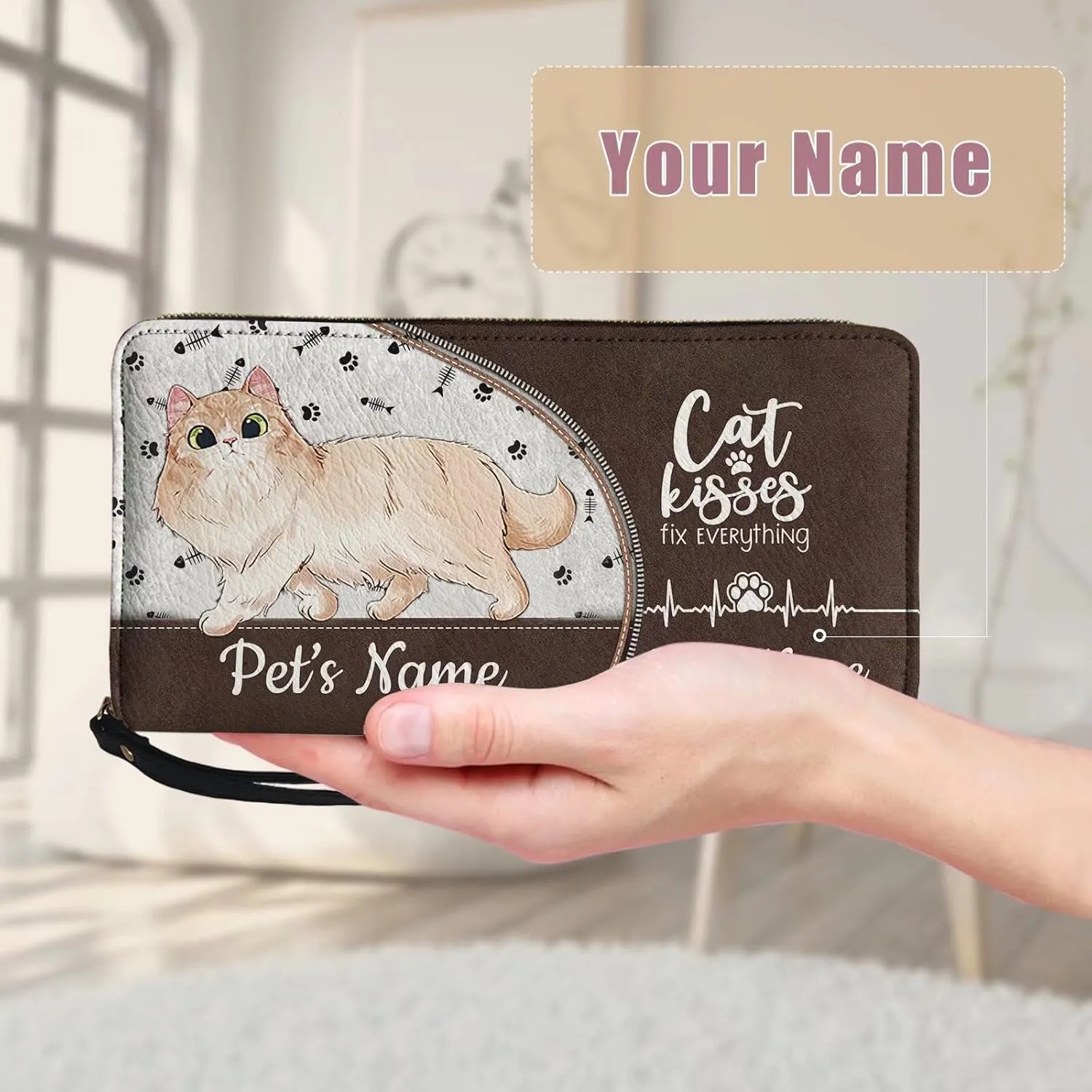 Tuoxiukan Custom Minimalist Wallet for Men Personalized Wristlet Wallets for Women Customizable Name Wallets Cash Organizer Pouch PU Leather Phone Case, Customized Gifts for Cat-Lover