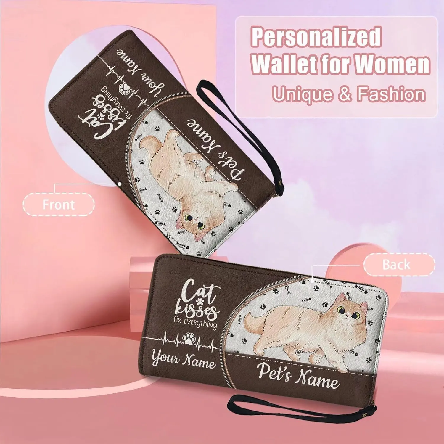 Tuoxiukan Custom Minimalist Wallet for Men Personalized Wristlet Wallets for Women Customizable Name Wallets Cash Organizer Pouch PU Leather Phone Case, Customized Gifts for Cat-Lover