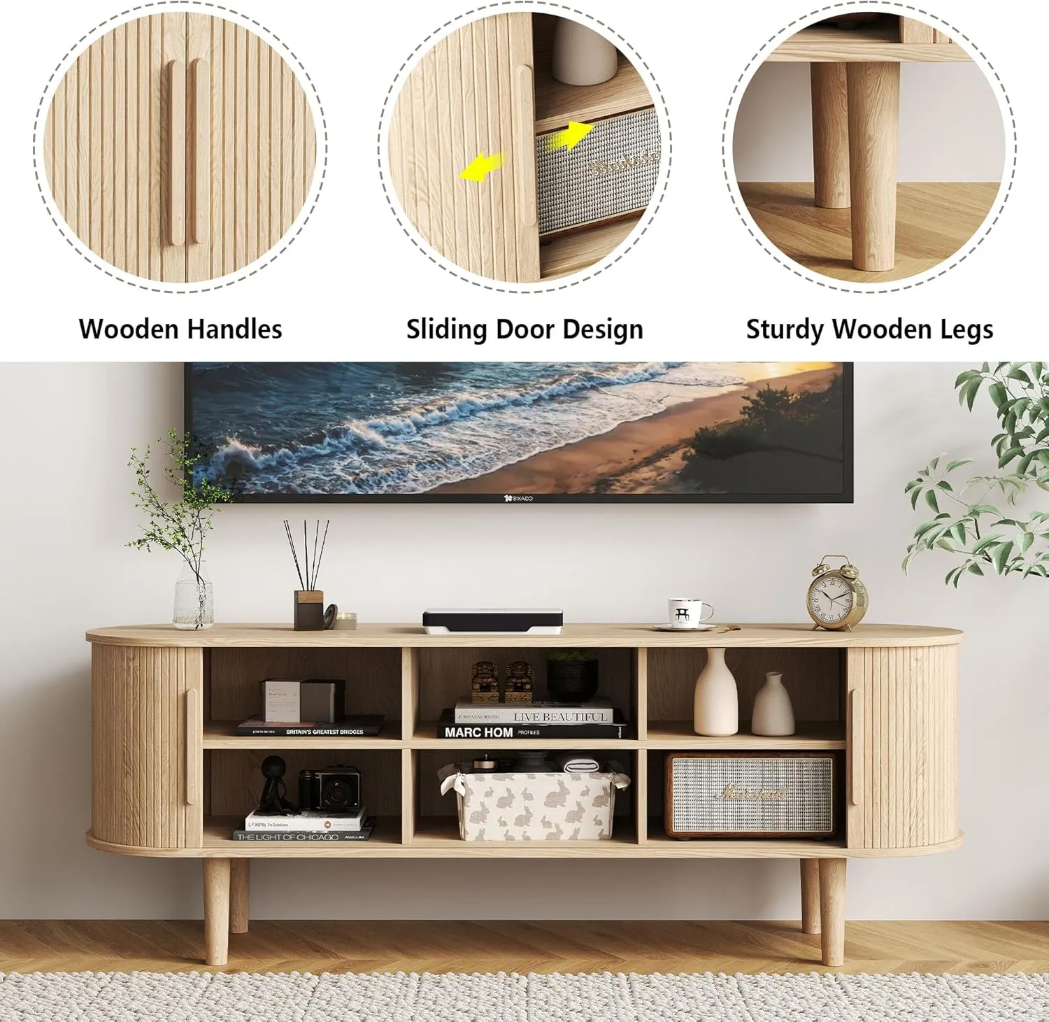 TV Stand, Modern TV Console Table with Storage Compartment and Sliding Door, Gaming Entertainment Center with Cabinet for Living Room, Bedroom, Office (Natural)