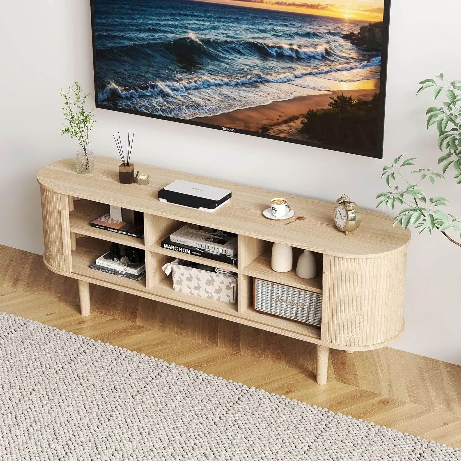 TV Stand, Modern TV Console Table with Storage Compartment and Sliding Door, Gaming Entertainment Center with Cabinet for Living Room, Bedroom, Office (Natural)