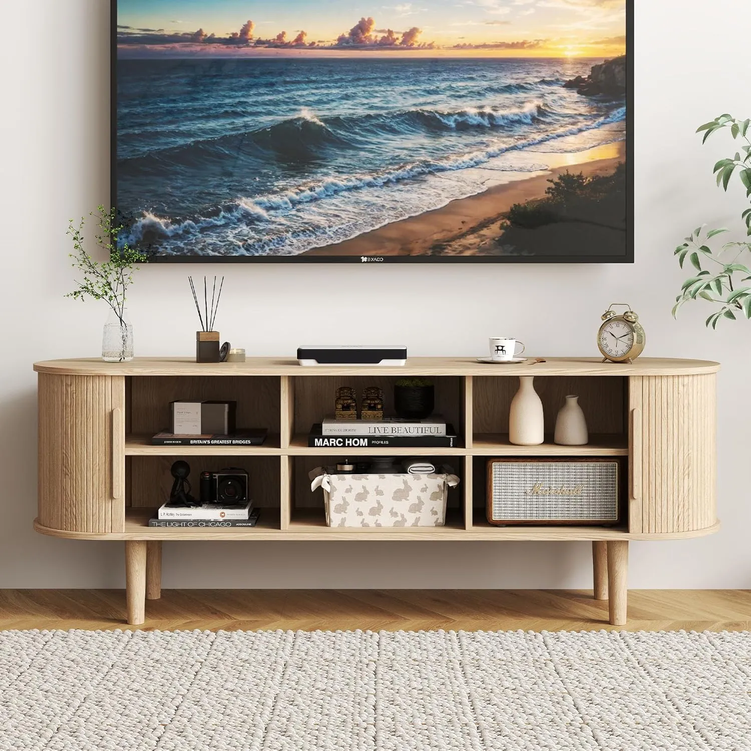 TV Stand, Modern TV Console Table with Storage Compartment and Sliding Door, Gaming Entertainment Center with Cabinet for Living Room, Bedroom, Office (Natural)