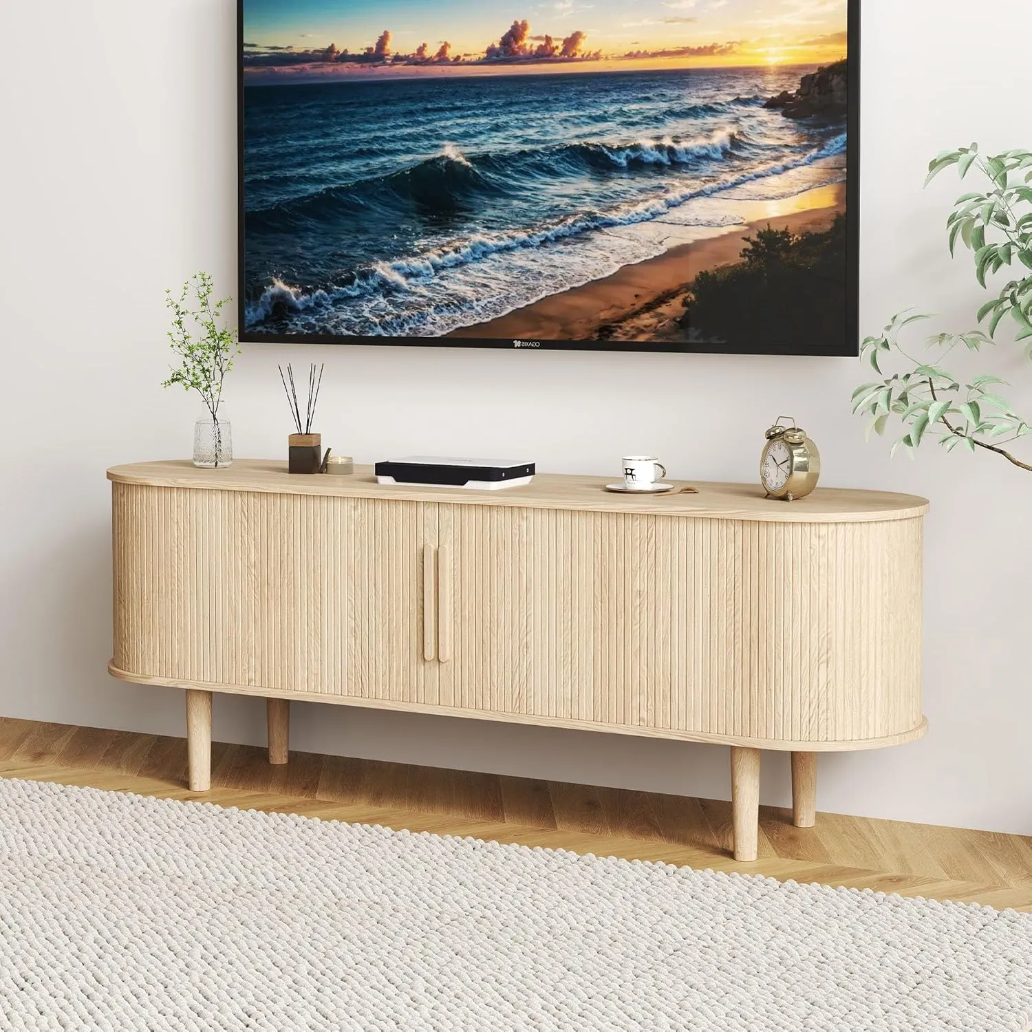 TV Stand, Modern TV Console Table with Storage Compartment and Sliding Door, Gaming Entertainment Center with Cabinet for Living Room, Bedroom, Office (Natural)