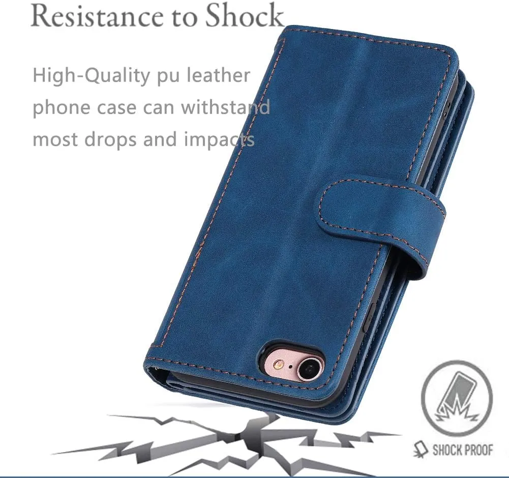 UEEBAI Wallet Case for iPhone 6 6S, Retro 9 Card Slots Zipper Pocket Handbag Case PU Leather Magnetic Closure Kickstand with Wrist Strap TPU Flip Case - Blue