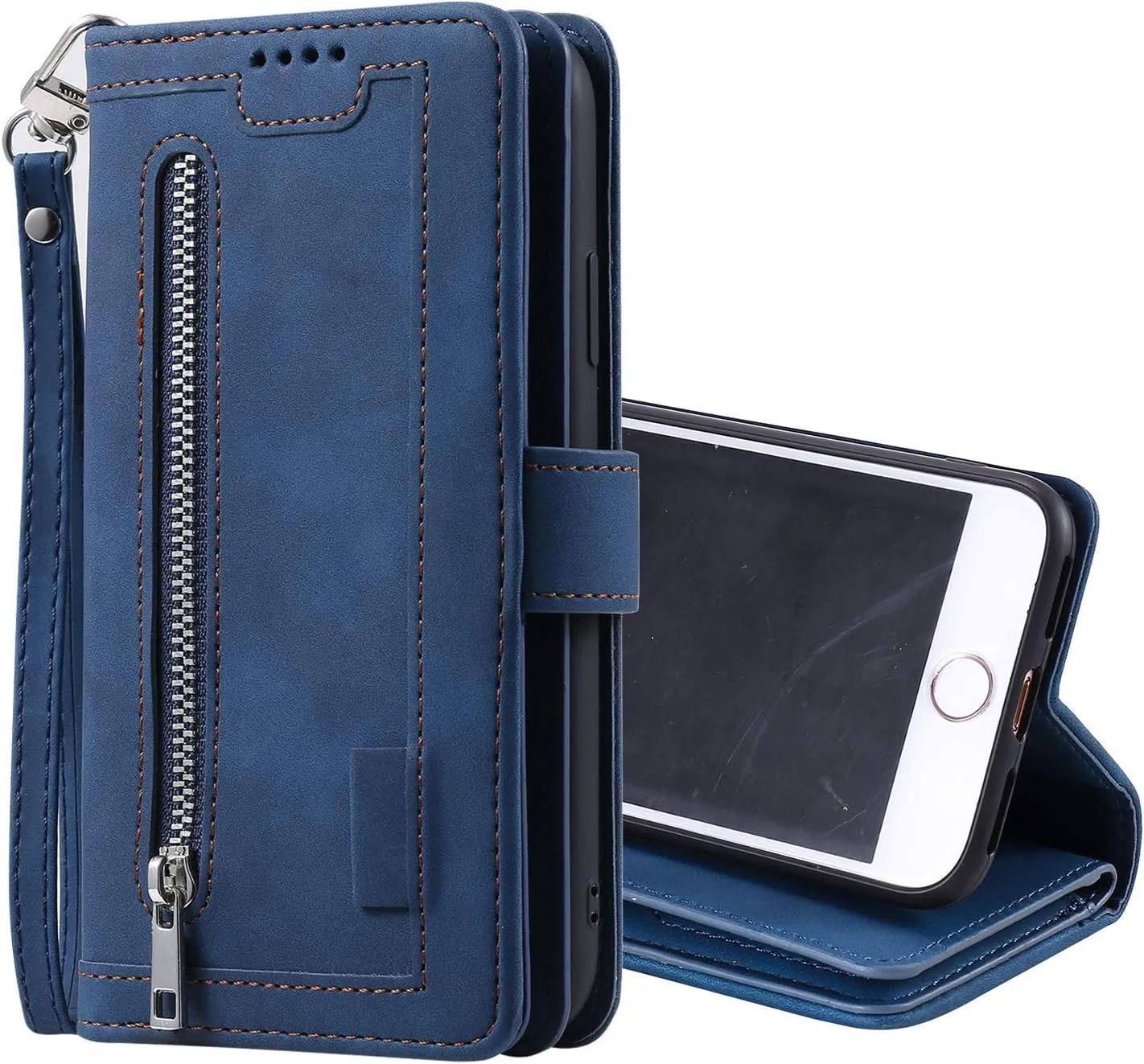 UEEBAI Wallet Case for iPhone 6 6S, Retro 9 Card Slots Zipper Pocket Handbag Case PU Leather Magnetic Closure Kickstand with Wrist Strap TPU Flip Case - Blue