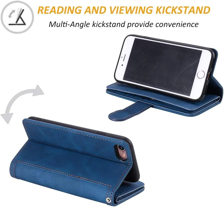 UEEBAI Wallet Case for iPhone 6 6S, Retro 9 Card Slots Zipper Pocket Handbag Case PU Leather Magnetic Closure Kickstand with Wrist Strap TPU Flip Case - Blue