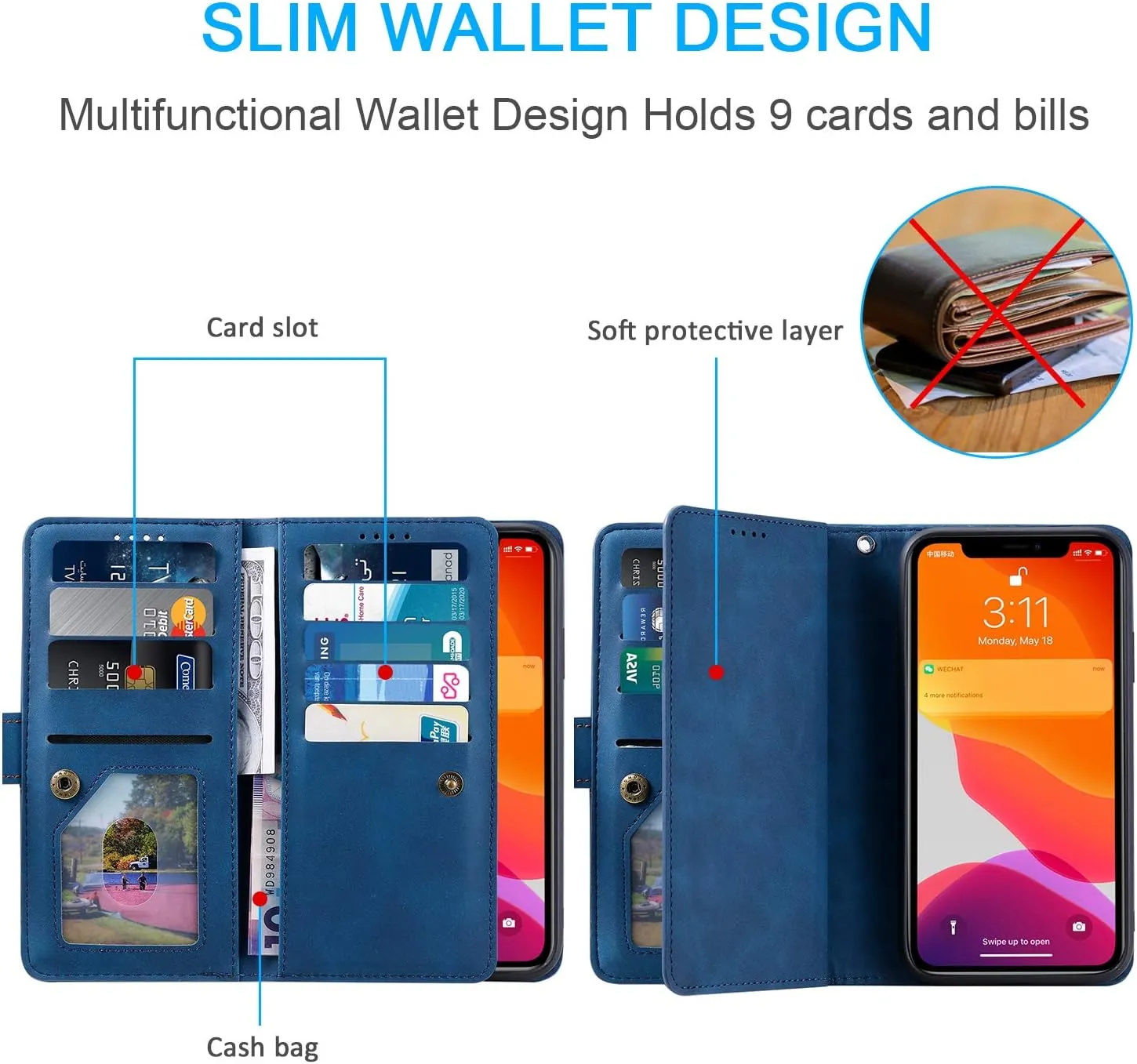 UEEBAI Wallet Case for iPhone 6 6S, Retro 9 Card Slots Zipper Pocket Handbag Case PU Leather Magnetic Closure Kickstand with Wrist Strap TPU Flip Case - Blue