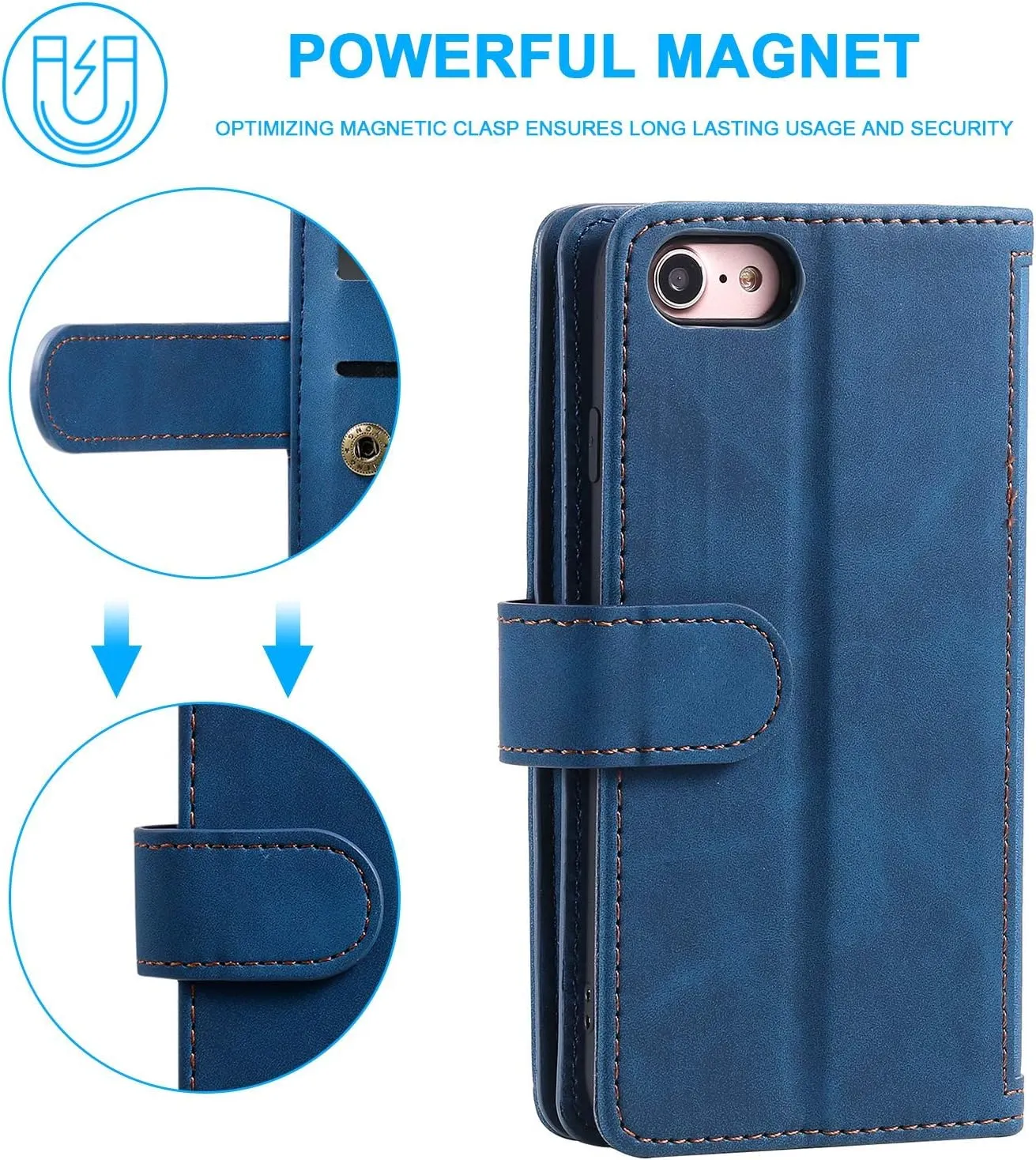 UEEBAI Wallet Case for iPhone 6 6S, Retro 9 Card Slots Zipper Pocket Handbag Case PU Leather Magnetic Closure Kickstand with Wrist Strap TPU Flip Case - Blue