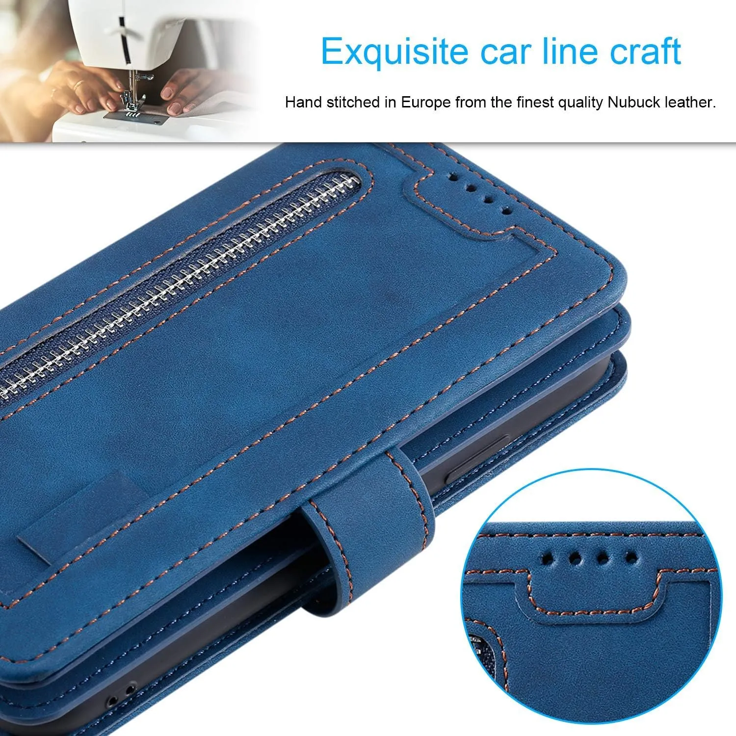 UEEBAI Wallet Case for iPhone 6 6S, Retro 9 Card Slots Zipper Pocket Handbag Case PU Leather Magnetic Closure Kickstand with Wrist Strap TPU Flip Case - Blue