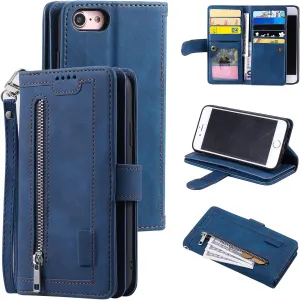 UEEBAI Wallet Case for iPhone 6 6S, Retro 9 Card Slots Zipper Pocket Handbag Case PU Leather Magnetic Closure Kickstand with Wrist Strap TPU Flip Case - Blue