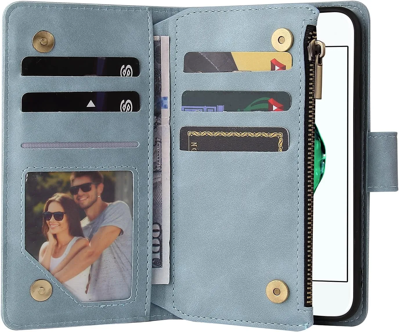 UEEBAI Wallet Case for iPhone SE 2022 5G/iPhone 7/iPhone 8/iPhone SE 2020, Premium PU Leather Pocket Magnetic Handbag Zipper Cover Kickstand Card Slots Flip Case for iPhone SE3/SE2 - Sky Blue