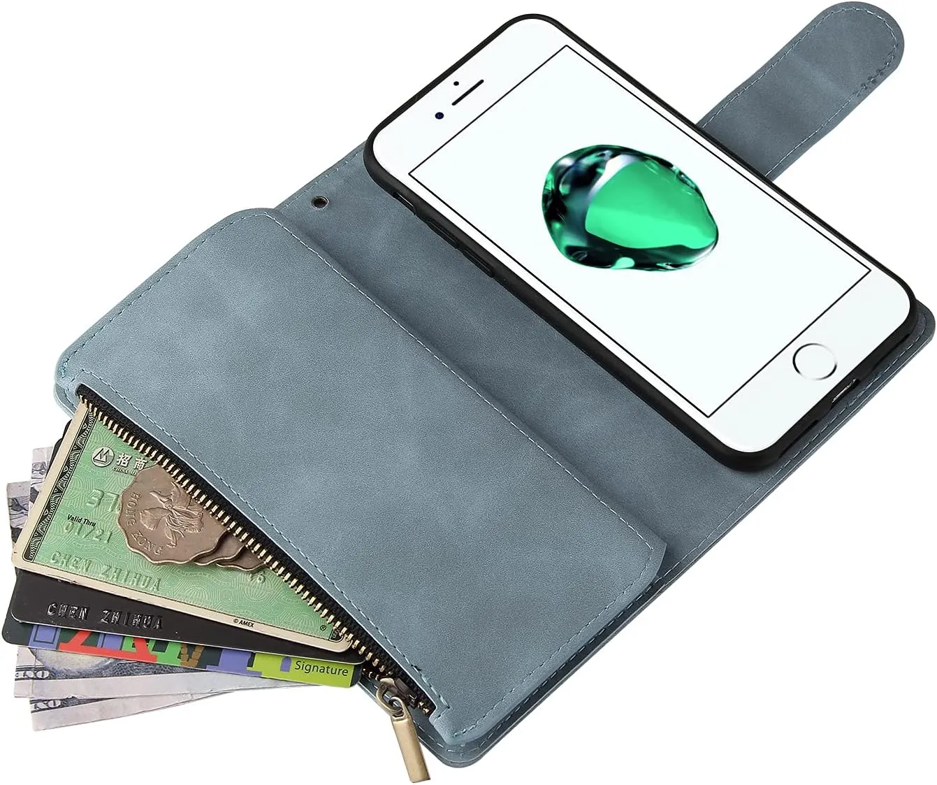 UEEBAI Wallet Case for iPhone SE 2022 5G/iPhone 7/iPhone 8/iPhone SE 2020, Premium PU Leather Pocket Magnetic Handbag Zipper Cover Kickstand Card Slots Flip Case for iPhone SE3/SE2 - Sky Blue