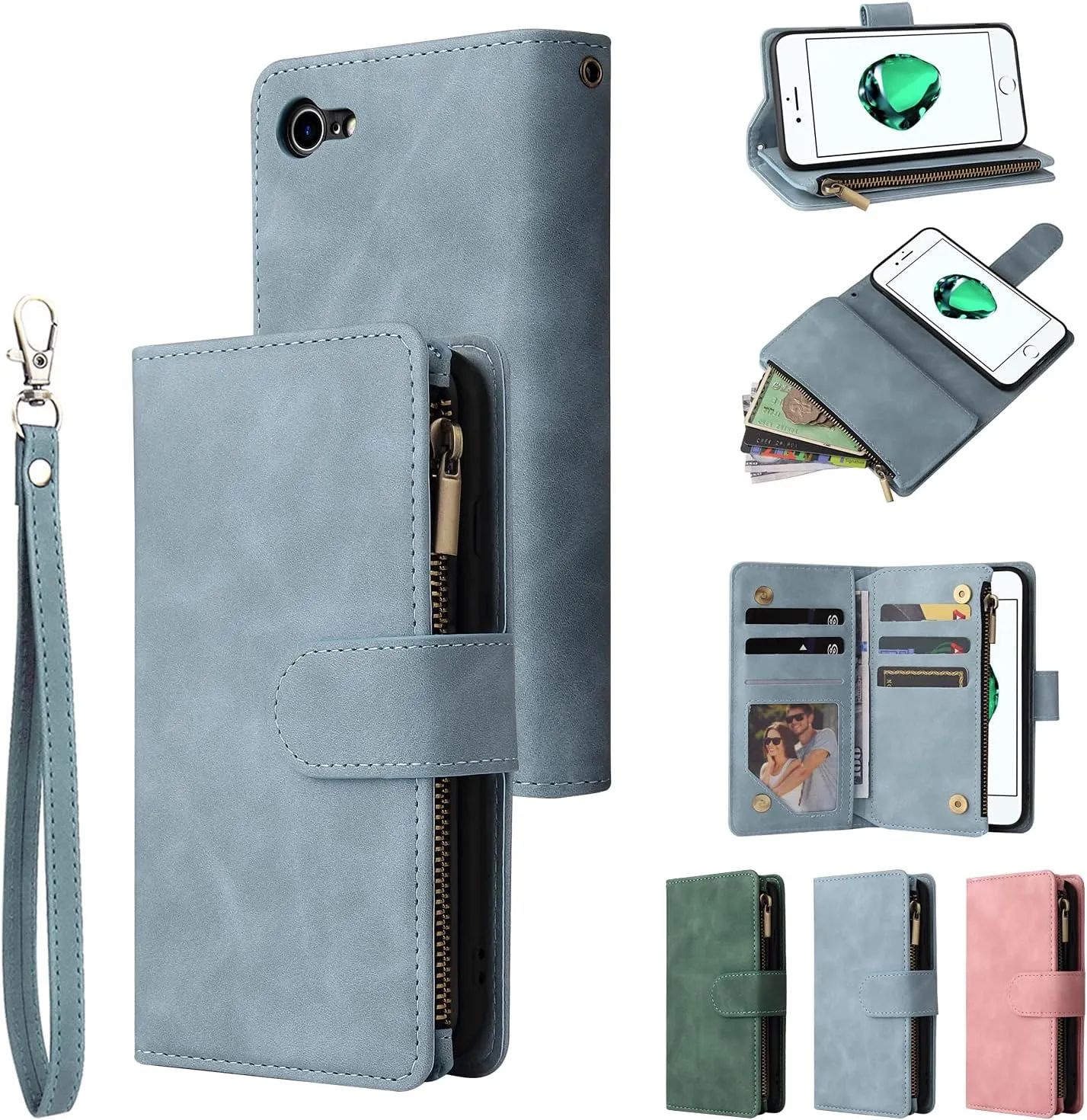 UEEBAI Wallet Case for iPhone SE 2022 5G/iPhone 7/iPhone 8/iPhone SE 2020, Premium PU Leather Pocket Magnetic Handbag Zipper Cover Kickstand Card Slots Flip Case for iPhone SE3/SE2 - Sky Blue