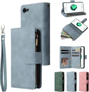 UEEBAI Wallet Case for iPhone SE 2022 5G/iPhone 7/iPhone 8/iPhone SE 2020, Premium PU Leather Pocket Magnetic Handbag Zipper Cover Kickstand Card Slots Flip Case for iPhone SE3/SE2 - Sky Blue