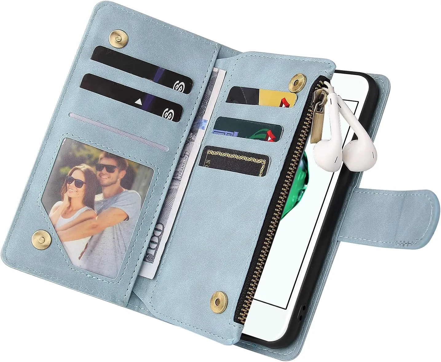 UEEBAI Wallet Case for iPhone SE 2022 5G/iPhone 7/iPhone 8/iPhone SE 2020, Premium PU Leather Pocket Magnetic Handbag Zipper Cover Kickstand Card Slots Flip Case for iPhone SE3/SE2 - Sky Blue