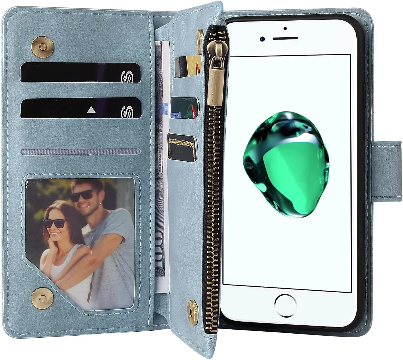 UEEBAI Wallet Case for iPhone SE 2022 5G/iPhone 7/iPhone 8/iPhone SE 2020, Premium PU Leather Pocket Magnetic Handbag Zipper Cover Kickstand Card Slots Flip Case for iPhone SE3/SE2 - Sky Blue