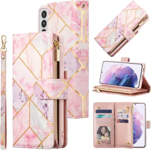 UEEBAI Wallet Case for Samsung Galaxy S21 5G, PU Leather Case Magnetic Closure Handbag Zipper Pocket Case Kickstand Card Slots with Hand Strap Marple Flip Case for Women - Pink Purple