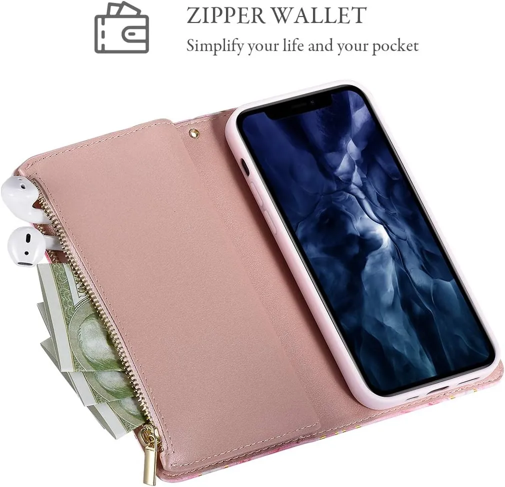 UEEBAI Wallet Case for Samsung Galaxy S21 5G, PU Leather Case Magnetic Closure Handbag Zipper Pocket Case Kickstand Card Slots with Hand Strap Marple Flip Case for Women - Pink Purple