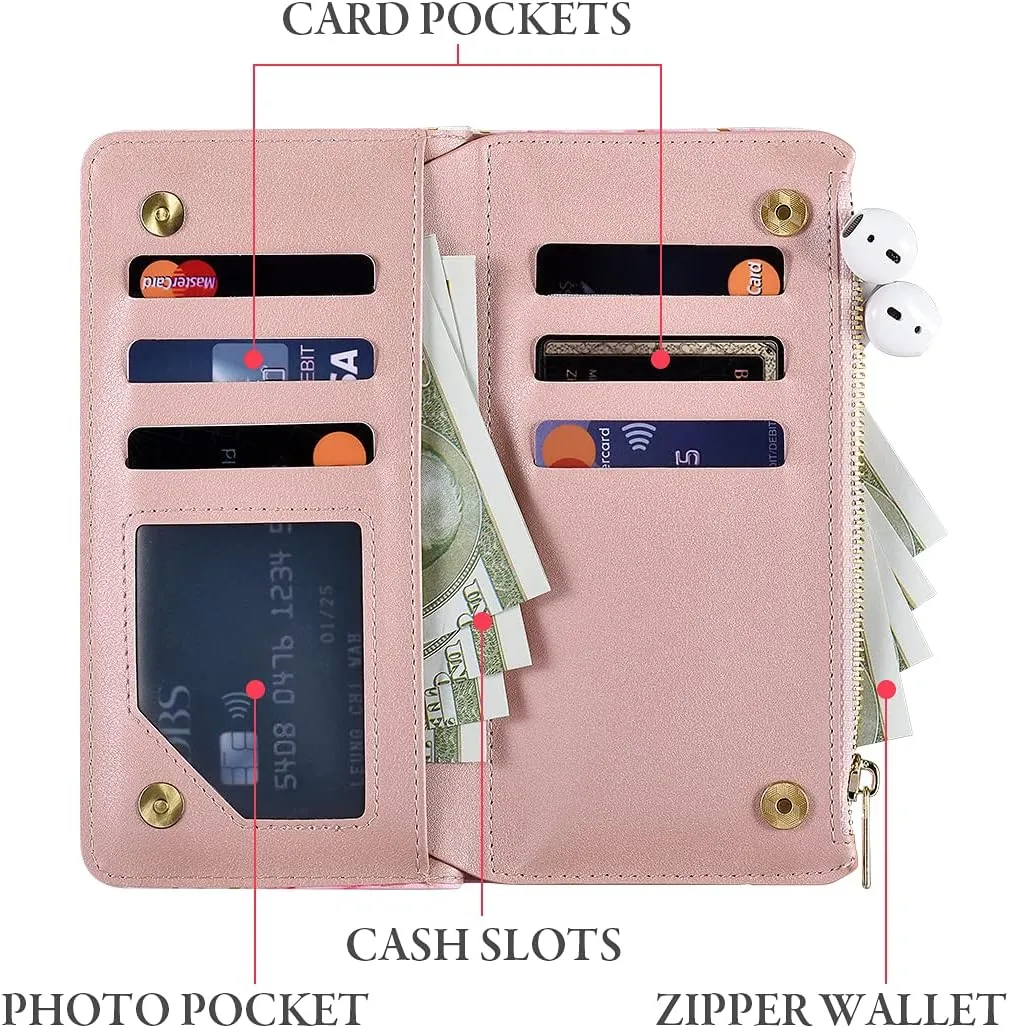 UEEBAI Wallet Case for Samsung Galaxy S21 5G, PU Leather Case Magnetic Closure Handbag Zipper Pocket Case Kickstand Card Slots with Hand Strap Marple Flip Case for Women - Pink Purple