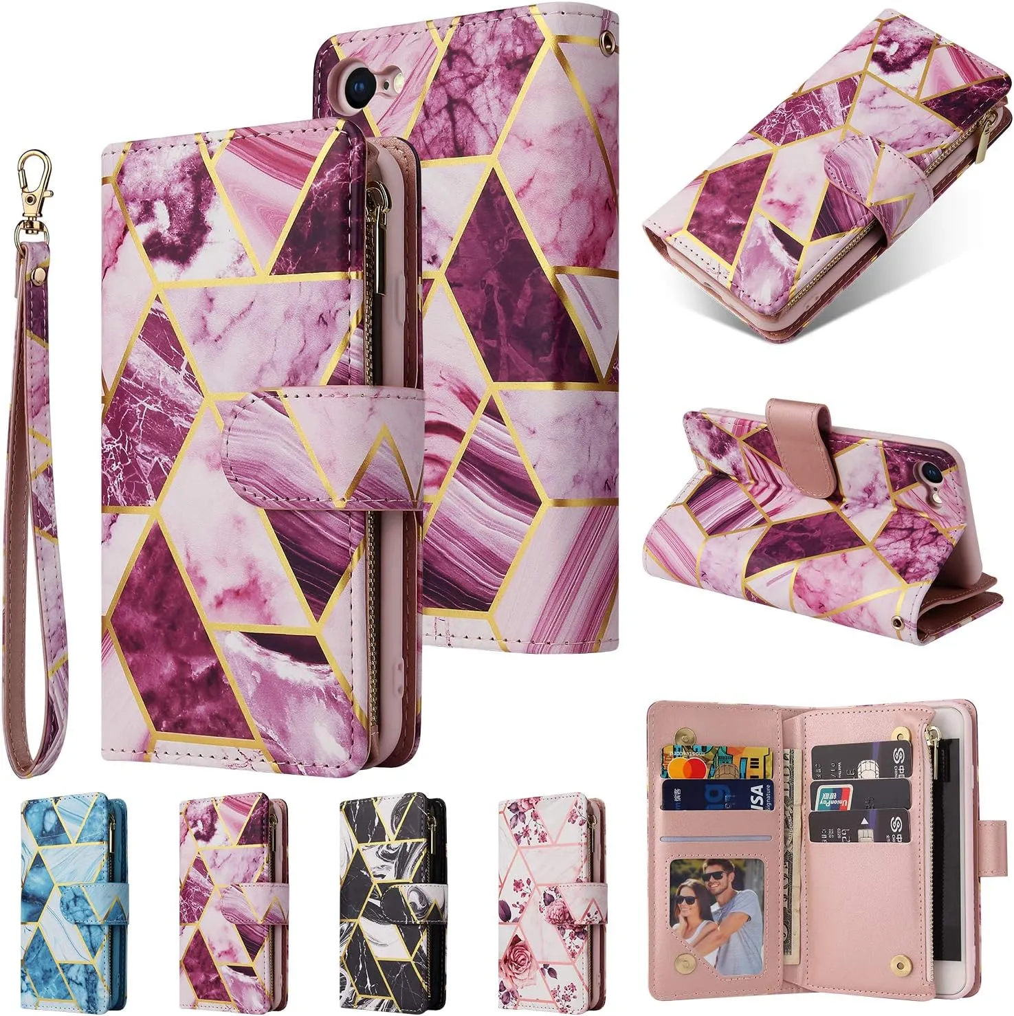 UEEBAI Wallet Case for Samsung Galaxy S21 5G, PU Leather Case Magnetic Closure Handbag Zipper Pocket Case Kickstand Card Slots with Hand Strap Marple Flip Case for Women - Pink Purple