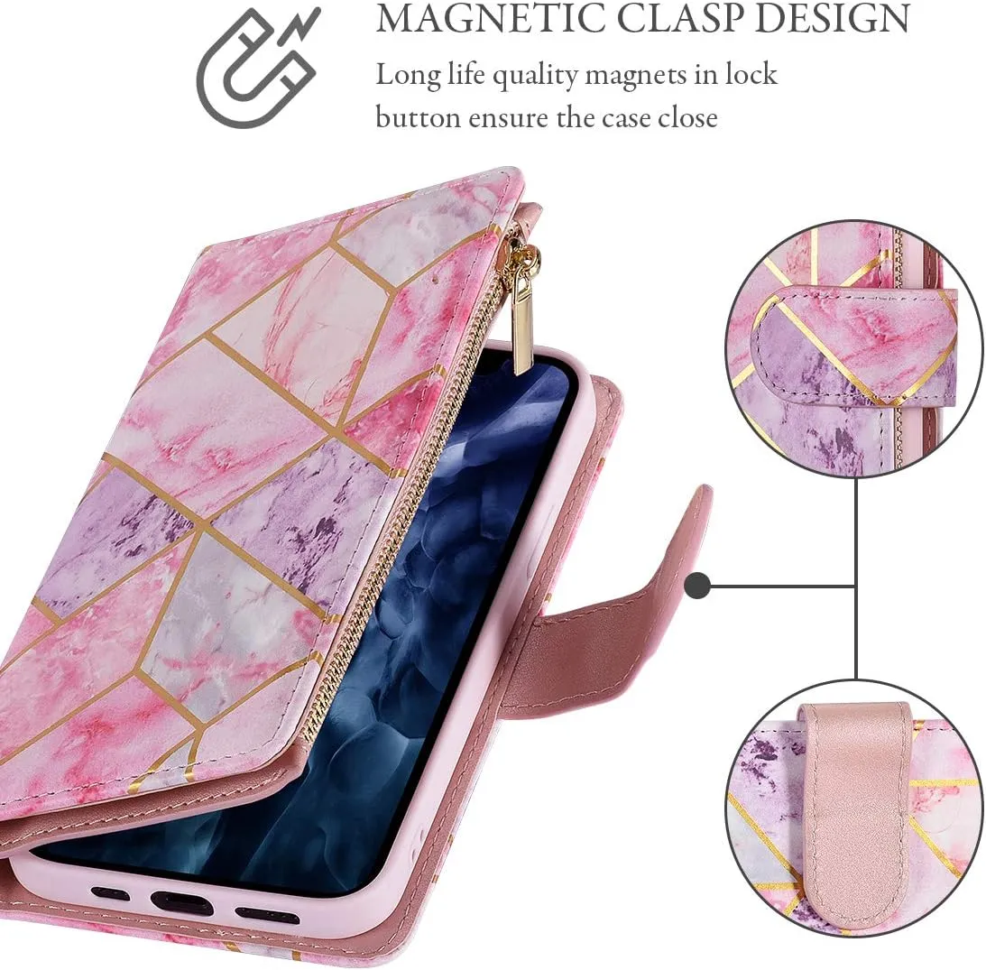 UEEBAI Wallet Case for Samsung Galaxy S21 5G, PU Leather Case Magnetic Closure Handbag Zipper Pocket Case Kickstand Card Slots with Hand Strap Marple Flip Case for Women - Pink Purple