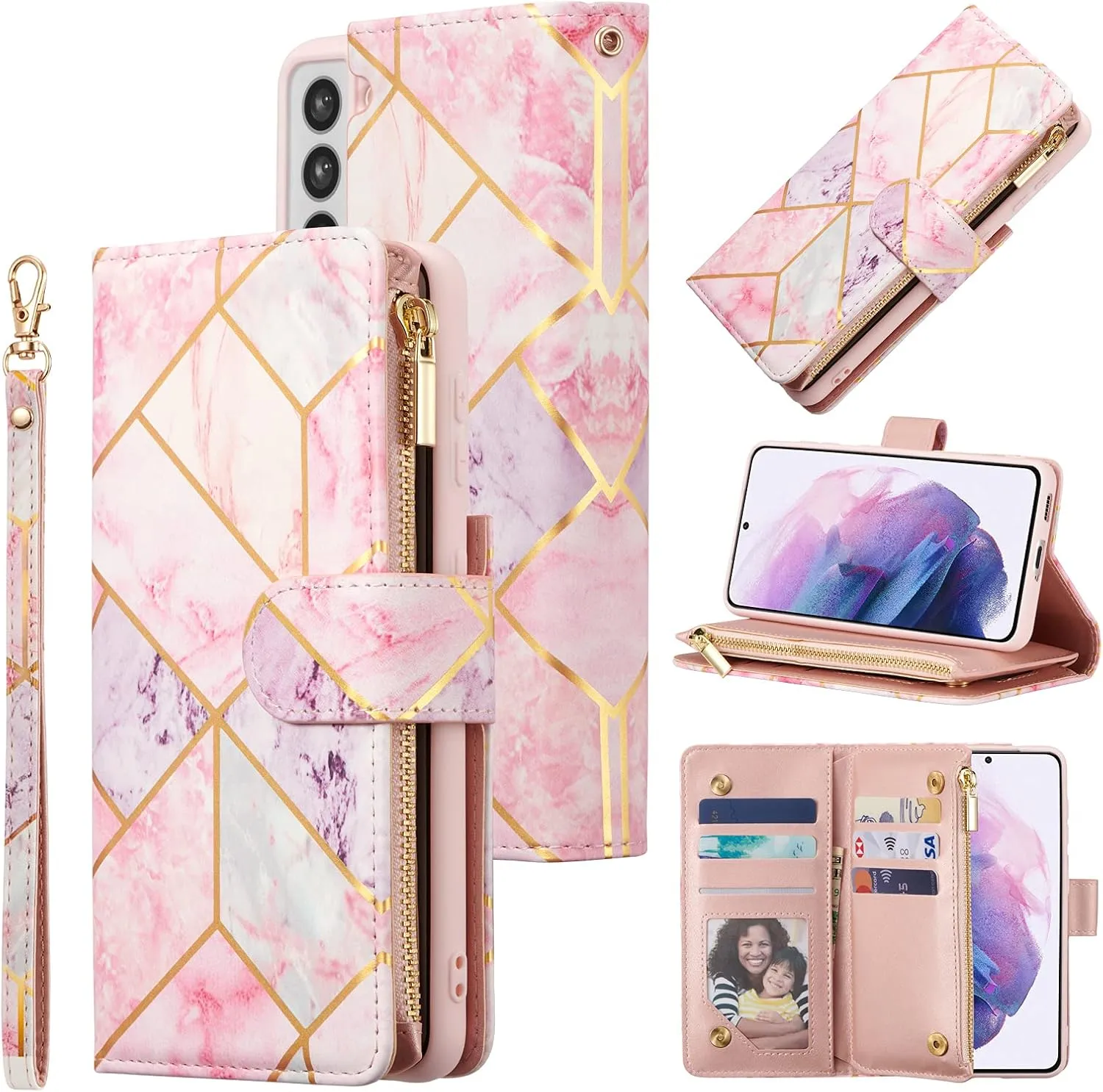 UEEBAI Wallet Case for Samsung Galaxy S21 5G, PU Leather Case Magnetic Closure Handbag Zipper Pocket Case Kickstand Card Slots with Hand Strap Marple Flip Case for Women - Pink Purple