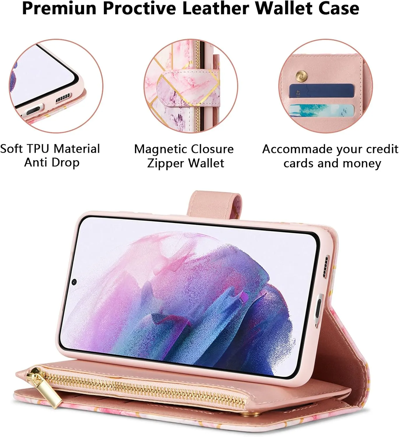 UEEBAI Wallet Case for Samsung Galaxy S21 5G, PU Leather Case Magnetic Closure Handbag Zipper Pocket Case Kickstand Card Slots with Hand Strap Marple Flip Case for Women - Pink Purple
