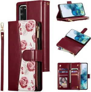 UEEBAI Wallet Case for Samsung Galaxy S21 5G, PU Leather Case Magnetic Closure Handbag Zipper Pocket Case Kickstand Card Slots with Hand Strap Rose Flip Case for Women - Flower Red Wine