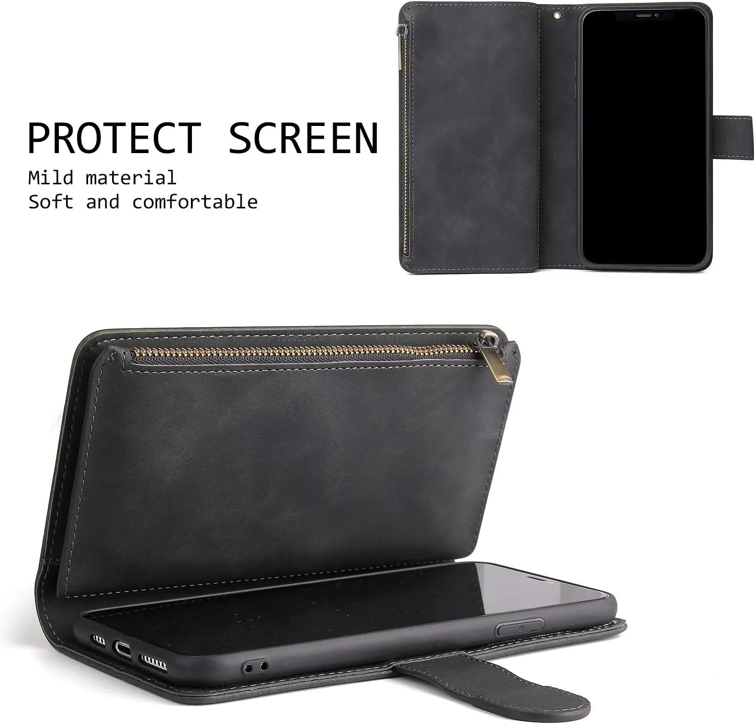 UEEBAI Wallet Case for Samsung Galaxy S8, PU Leather Case Magnetic Closure Handbag Zipper Pocket Case Kickstand Card Slots with Hand Strap Marple Flip Case for Women - Black