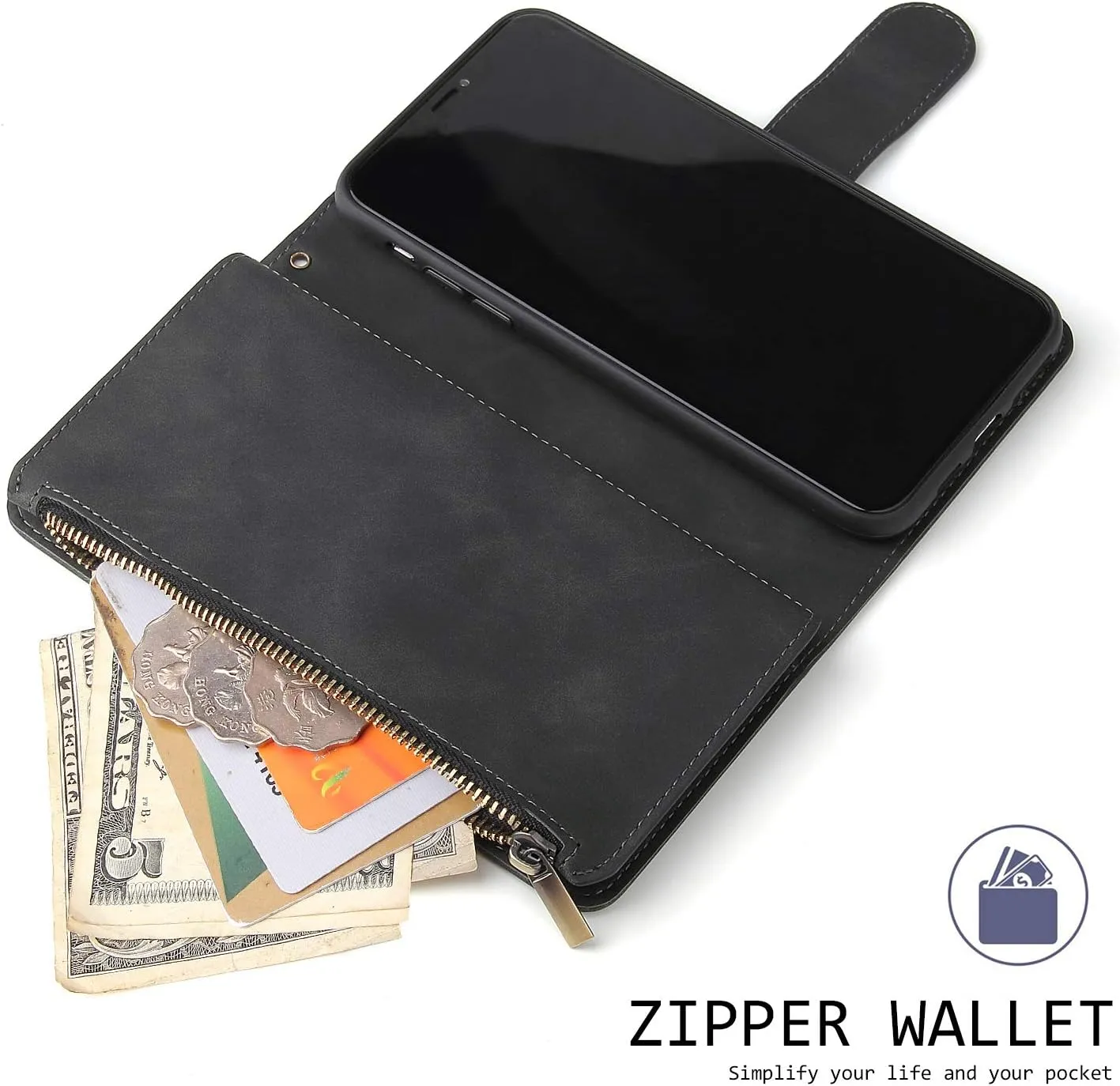 UEEBAI Wallet Case for Samsung Galaxy S8, PU Leather Case Magnetic Closure Handbag Zipper Pocket Case Kickstand Card Slots with Hand Strap Marple Flip Case for Women - Black
