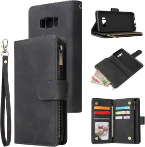 UEEBAI Wallet Case for Samsung Galaxy S8, PU Leather Case Magnetic Closure Handbag Zipper Pocket Case Kickstand Card Slots with Hand Strap Marple Flip Case for Women - Black