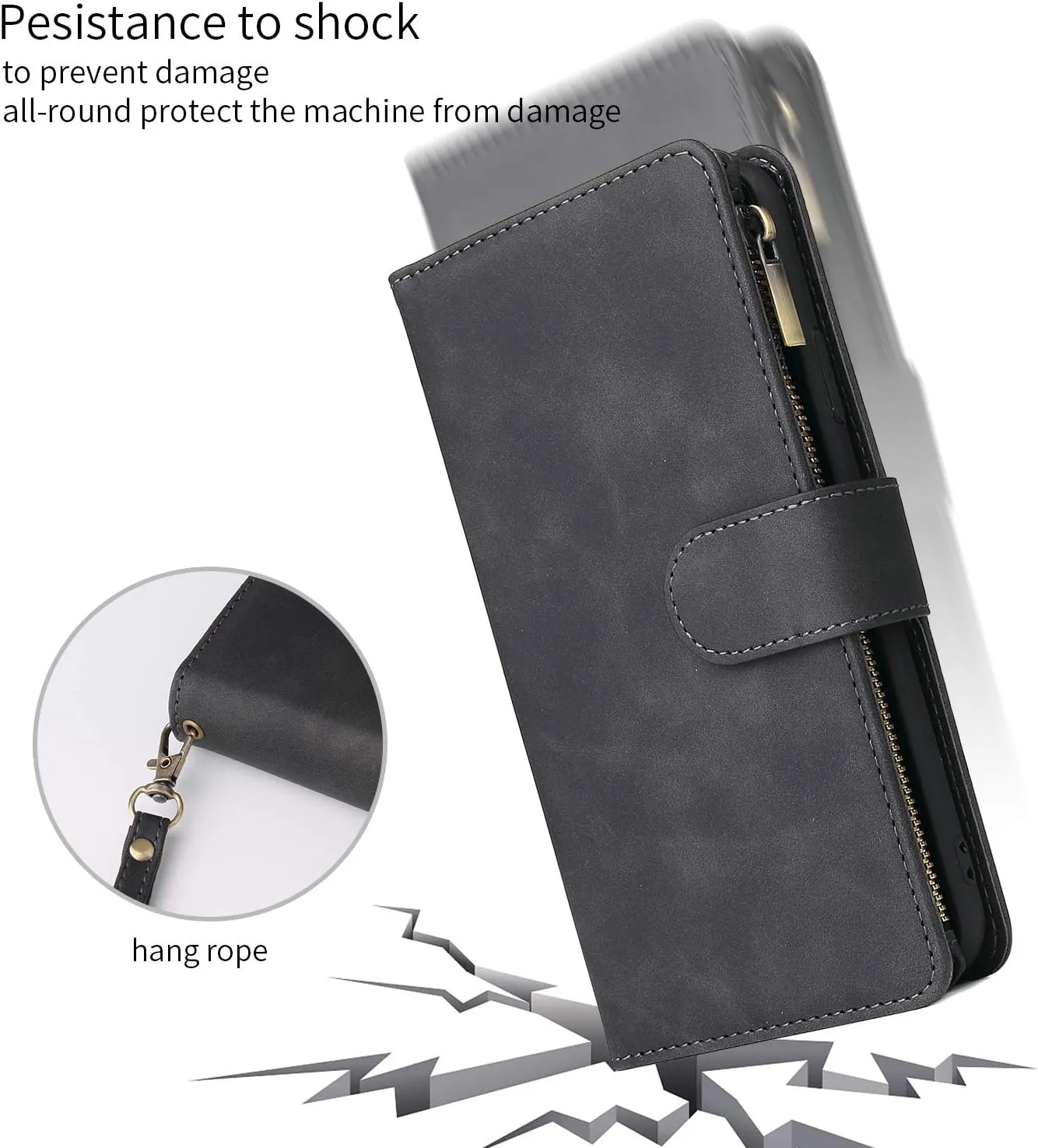 UEEBAI Wallet Case for Samsung Galaxy S8, PU Leather Case Magnetic Closure Handbag Zipper Pocket Case Kickstand Card Slots with Hand Strap Marple Flip Case for Women - Black