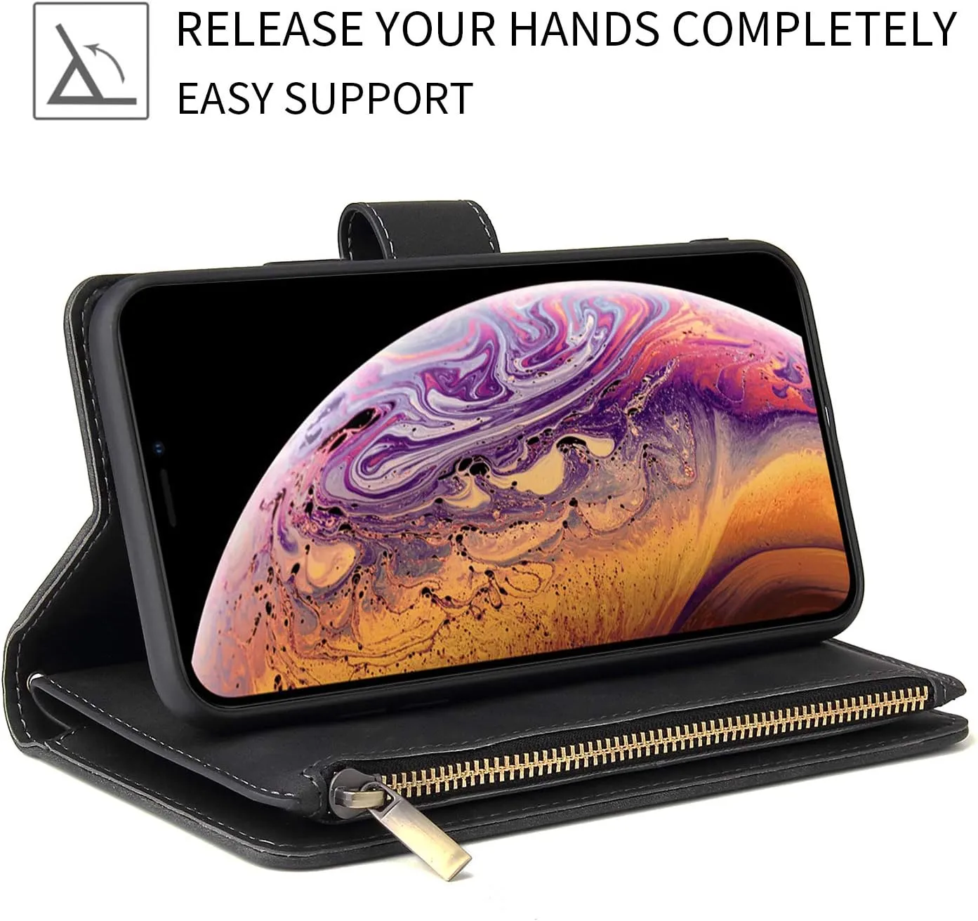UEEBAI Wallet Case for Samsung Galaxy S8, PU Leather Case Magnetic Closure Handbag Zipper Pocket Case Kickstand Card Slots with Hand Strap Marple Flip Case for Women - Black